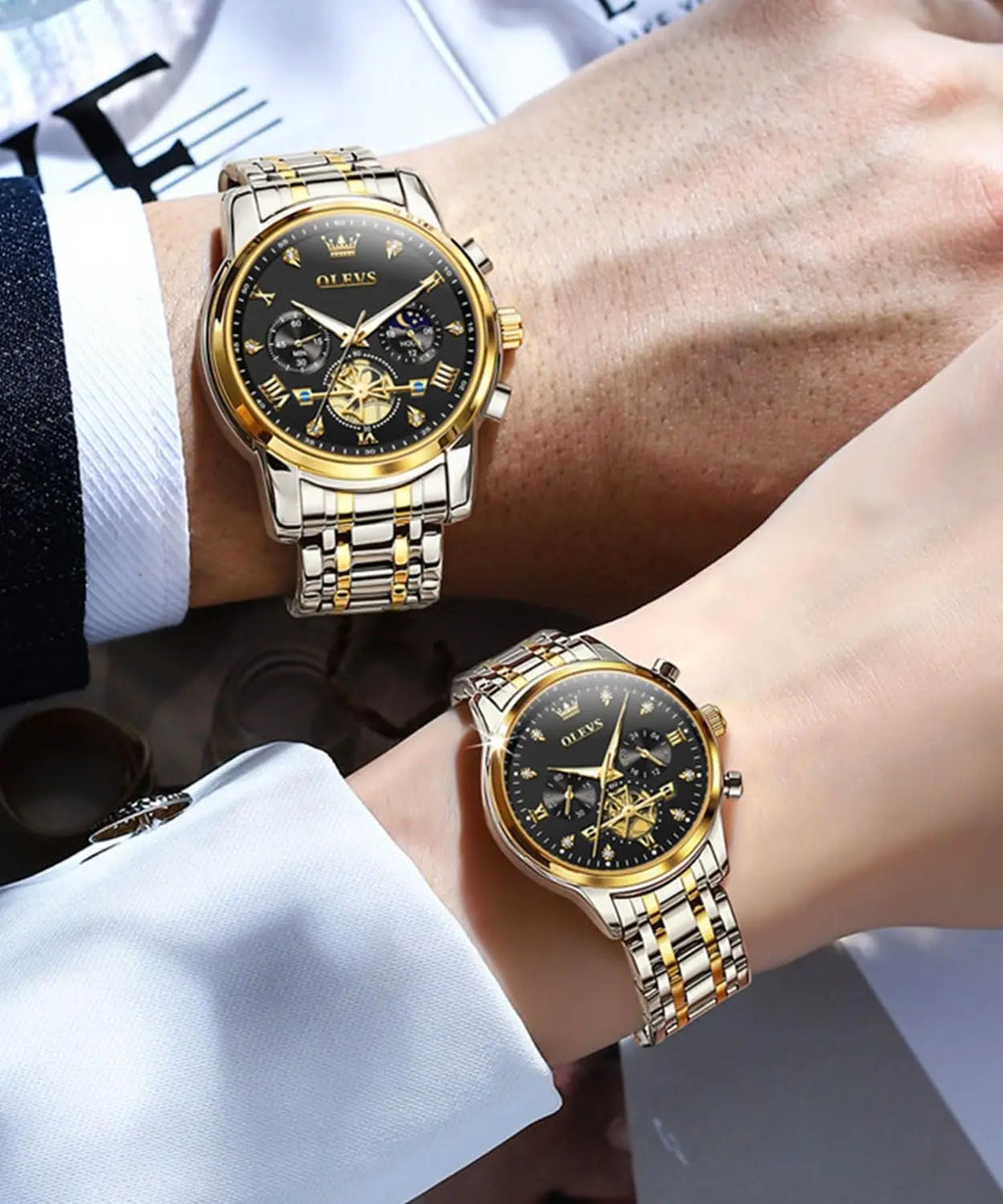 His and Her Matching Couple Watches with Diamond Accents, Romantic Valentine's Gift Set for Men and Women