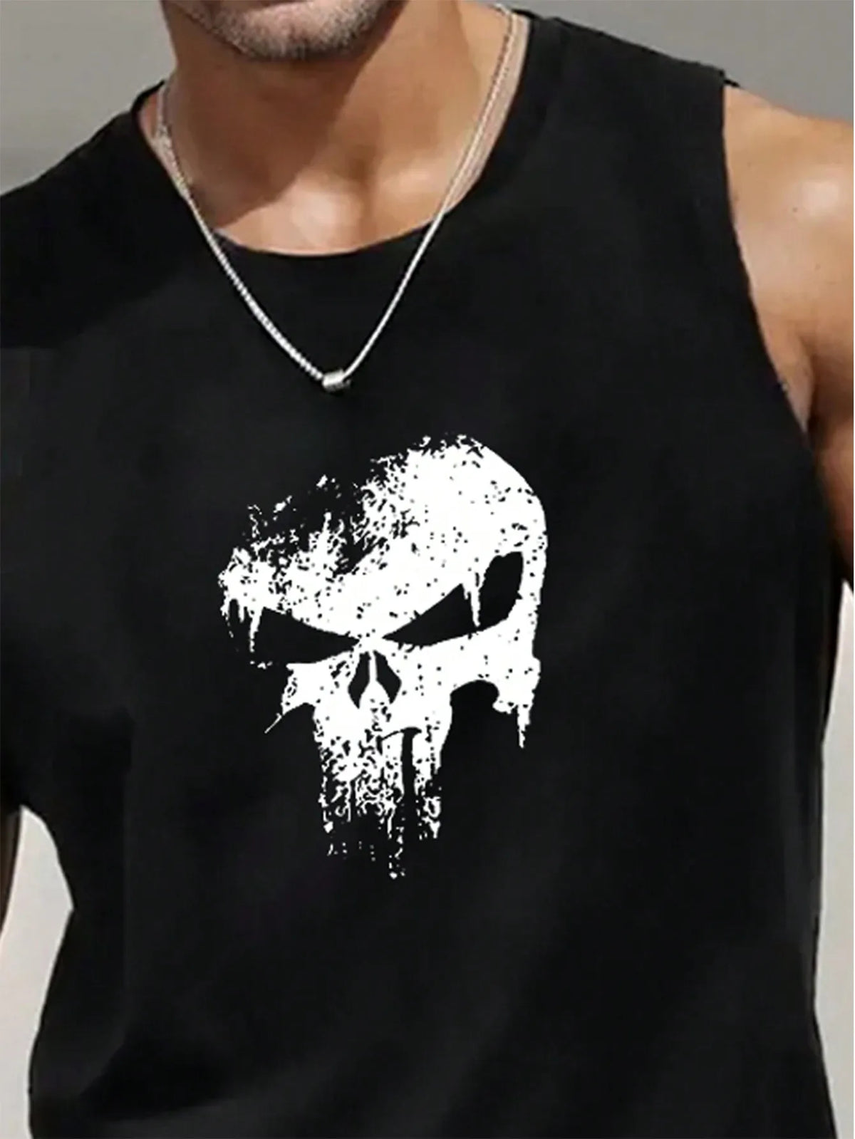 Men's Black Sleeveless Tank Top with Distressed Skull Graphic Print, Casual Summer Wear