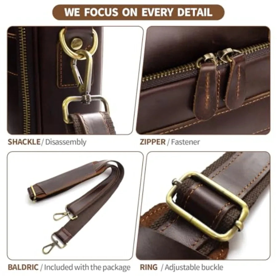 Full Grain Leather Briefcase for Men Business Messenger Bag Laptop Case Fits 15.6 Inch Laptop Brown Premium Quality Durable Des
