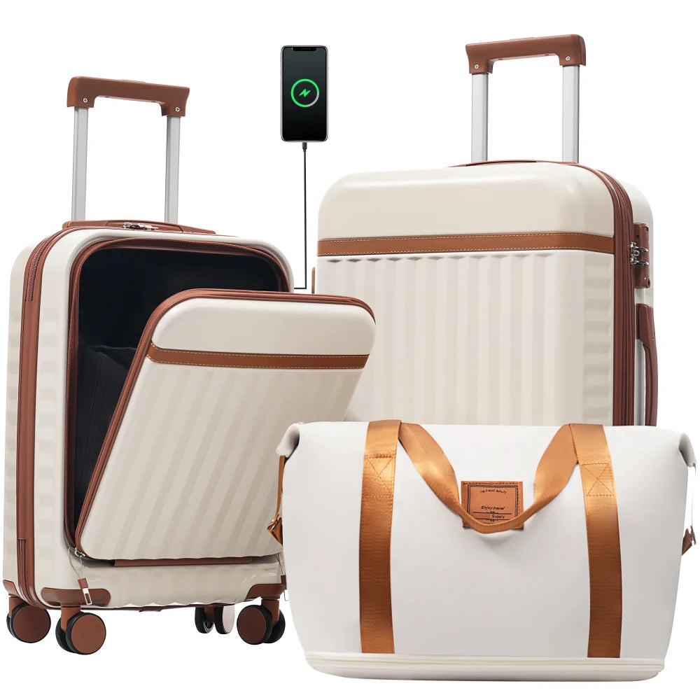 3PCS Front Opening Hardside Expandable Luggage Set Carry on Suitcase USB Port TSA Lock Spinner Wheels & Handle Bag