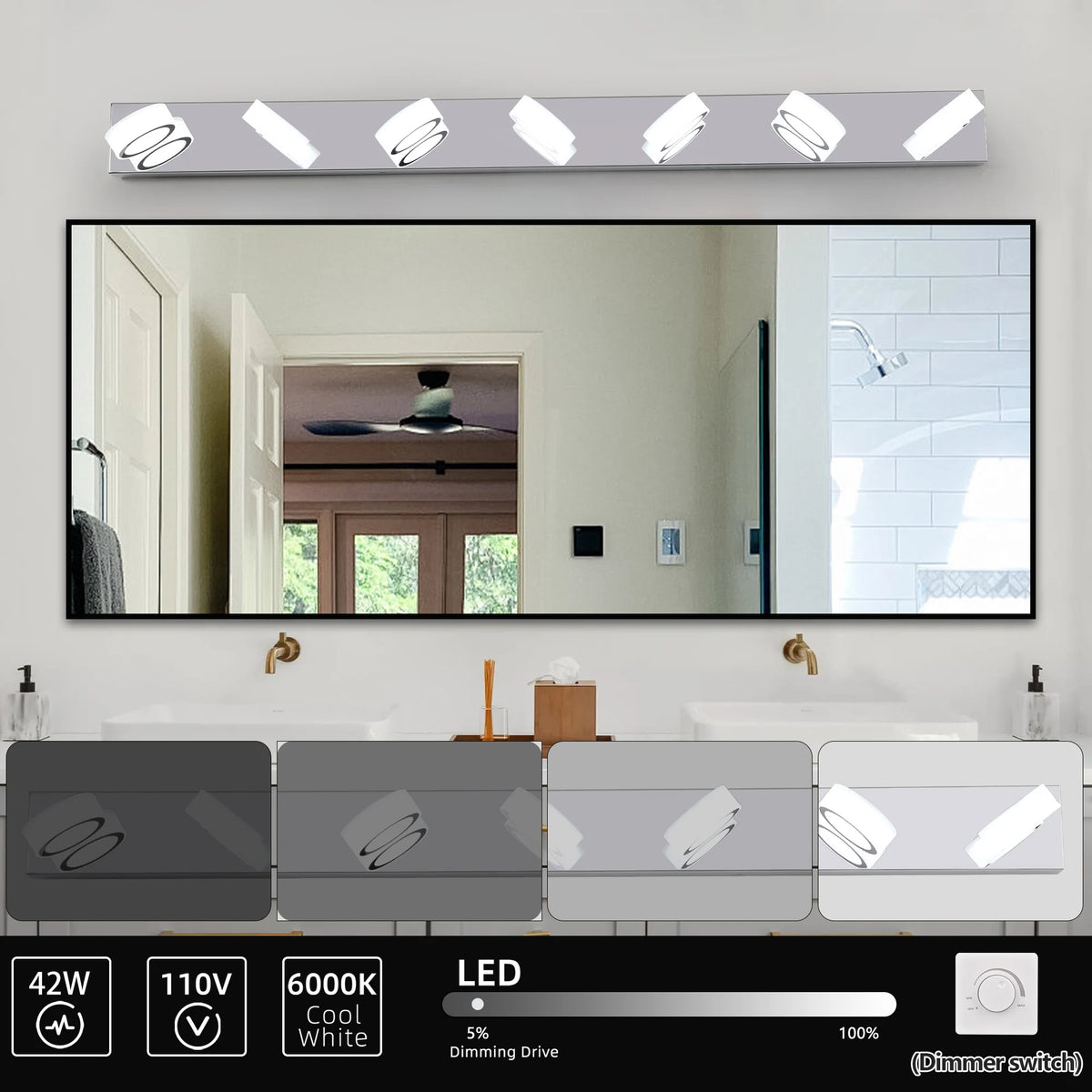7-light Modern silver LED dressing area lighting fixture with acrylic lampshade - energy-saving bathroom wall light with adjusta