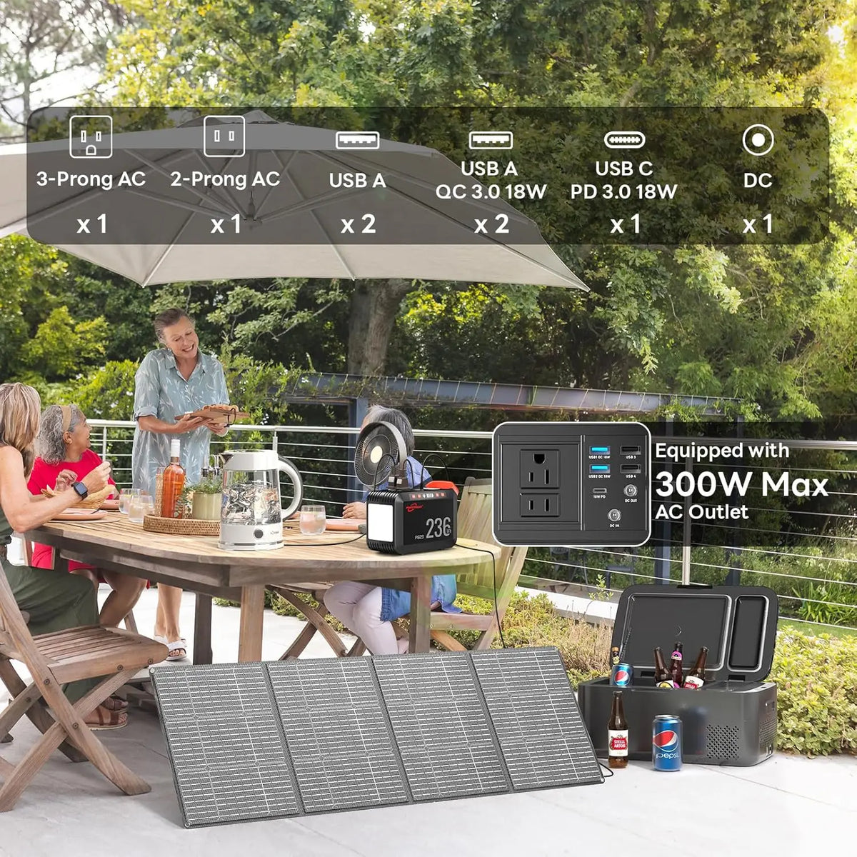 300W Portable Solar Generator with 236Wh Battery and 60W Foldable Panel - Pure Sine Wave for Camping, Emergency, Home Use