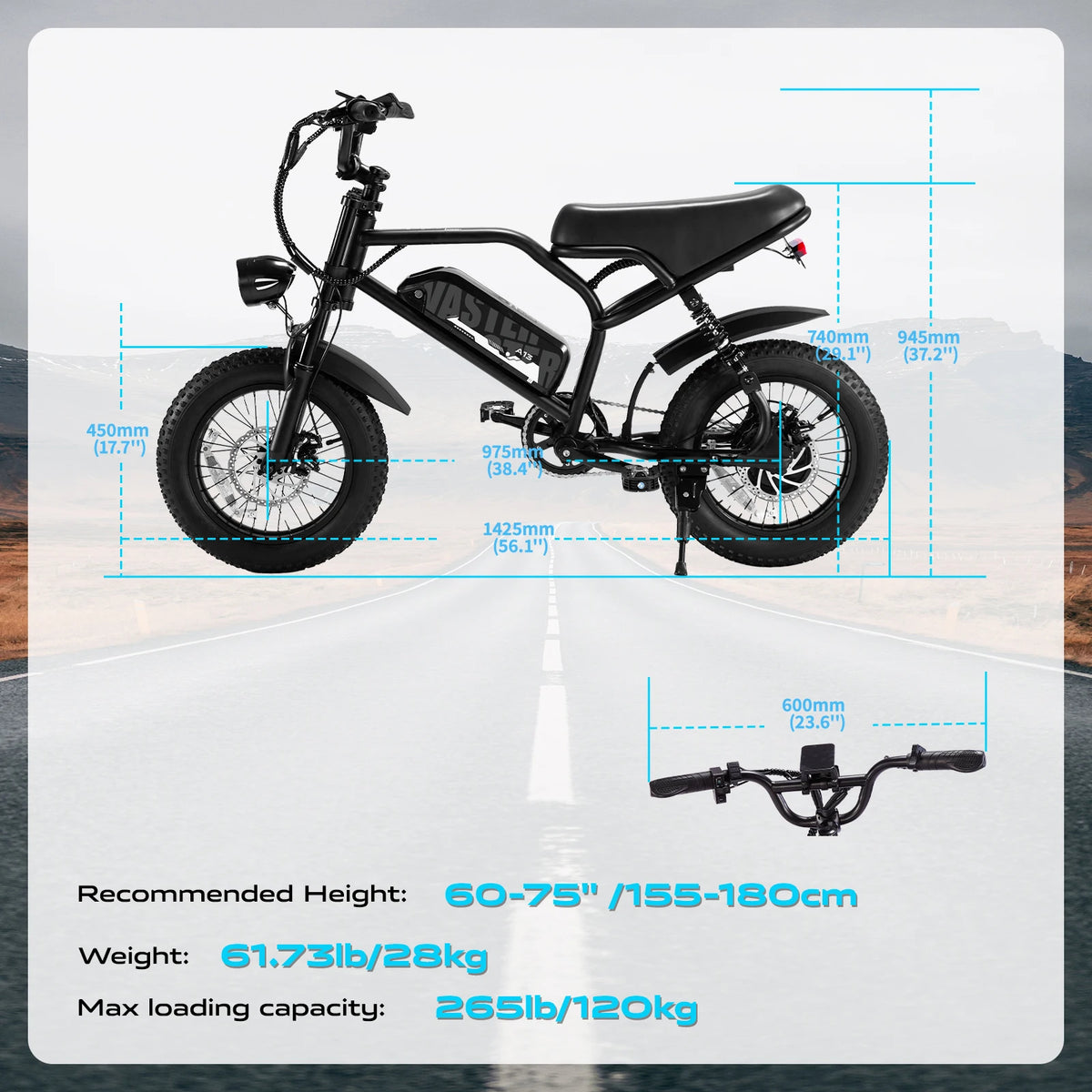 VDL Mountain Electric Bike , 16" Fat Tire Ebike, Wider Seat 800W Peak Motor, Removable Battery, Front Fork Suspension