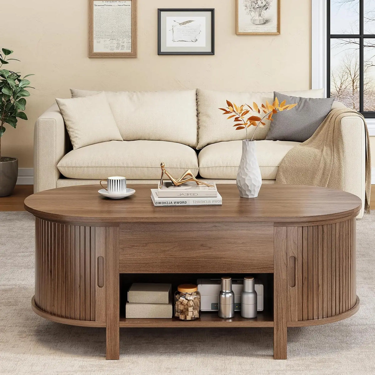 43.3" Oval Lift Top Coffee Table with Hidden Compartment, Fluted Wood Coffee Table with Sliding Door,Customized