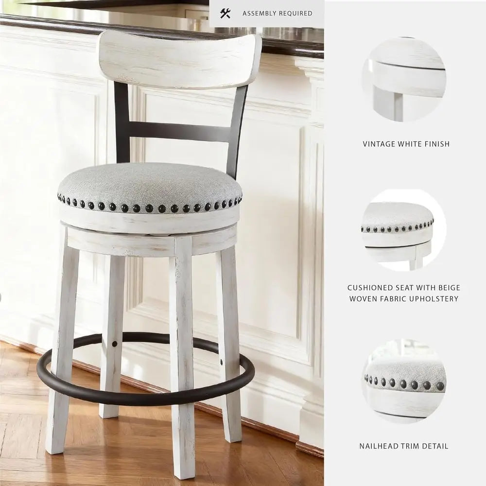 Valebeck | ern Swivel 24.5" Counter Height Barstool – Rustic-Industrial Whitewash, Upholstered Cushion, 360° Swivel, NailTrim