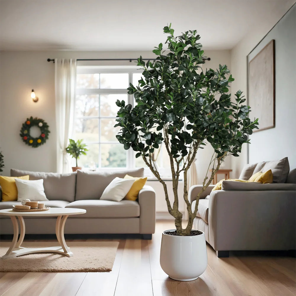 7.2FT  Artificial Silk Tree Large Faux Greenery Plant with Lifelike Leaves for Indoor Home Living Room1pc/set Black Plastic Pot