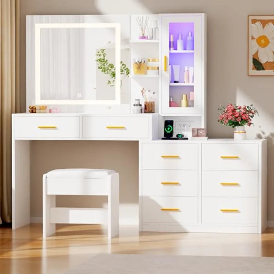 51.8" White Vanity Desk Mirror LED 3 Color RGB 8 Drawers Charging Station Stool Shelves Bedroom Makeup Table, Customized