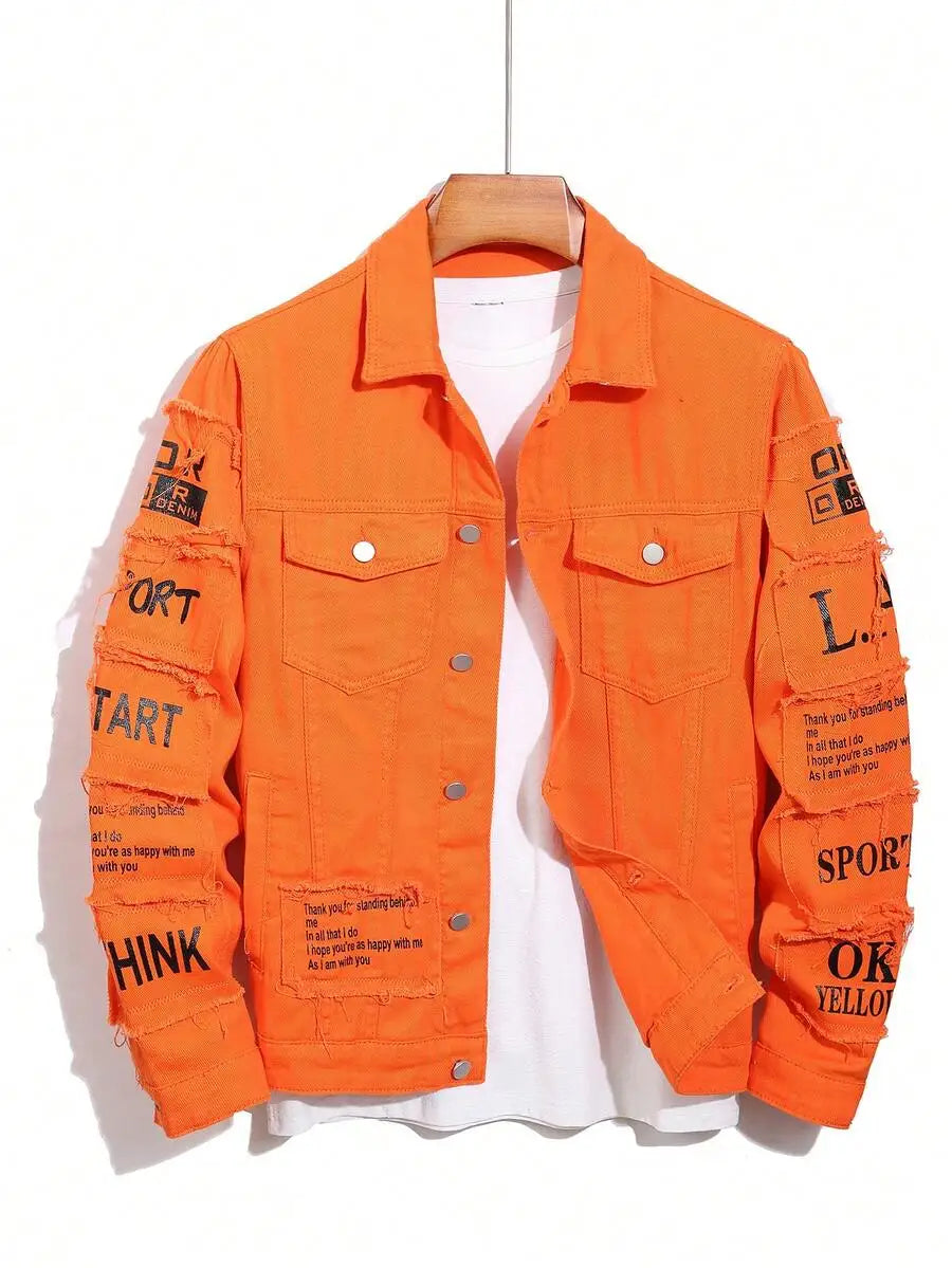 Men's Yellow Distressed Denim Jacket with Slogan Patches, Long Sleeve, Casual Fall Wear