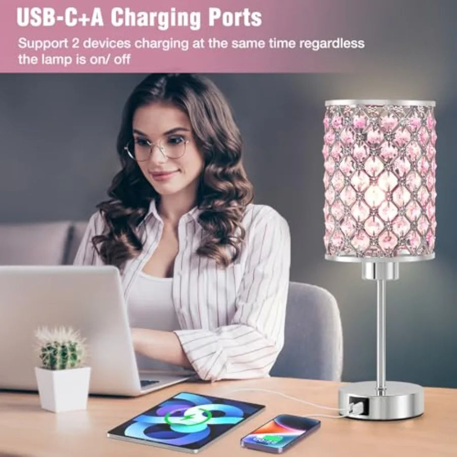 Crystal Table Lamp Touch Lamp with USB C+A Ports Dimmable Lamp with Crystal Shade Bedside Lamp Small Lamp for Girl Bedroom Livi