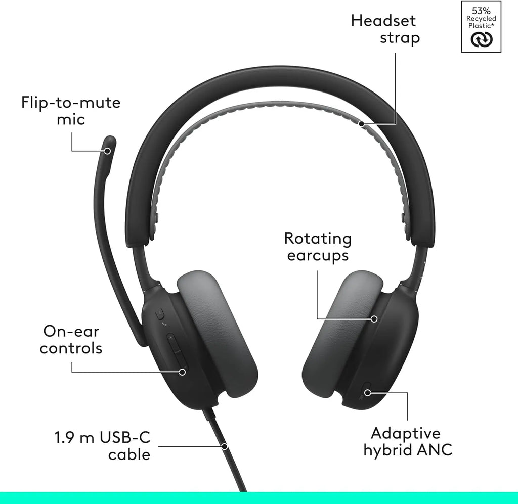 Noise-Canceling Wired Headset with Adaptive ANC, USB-C Adapter - Black