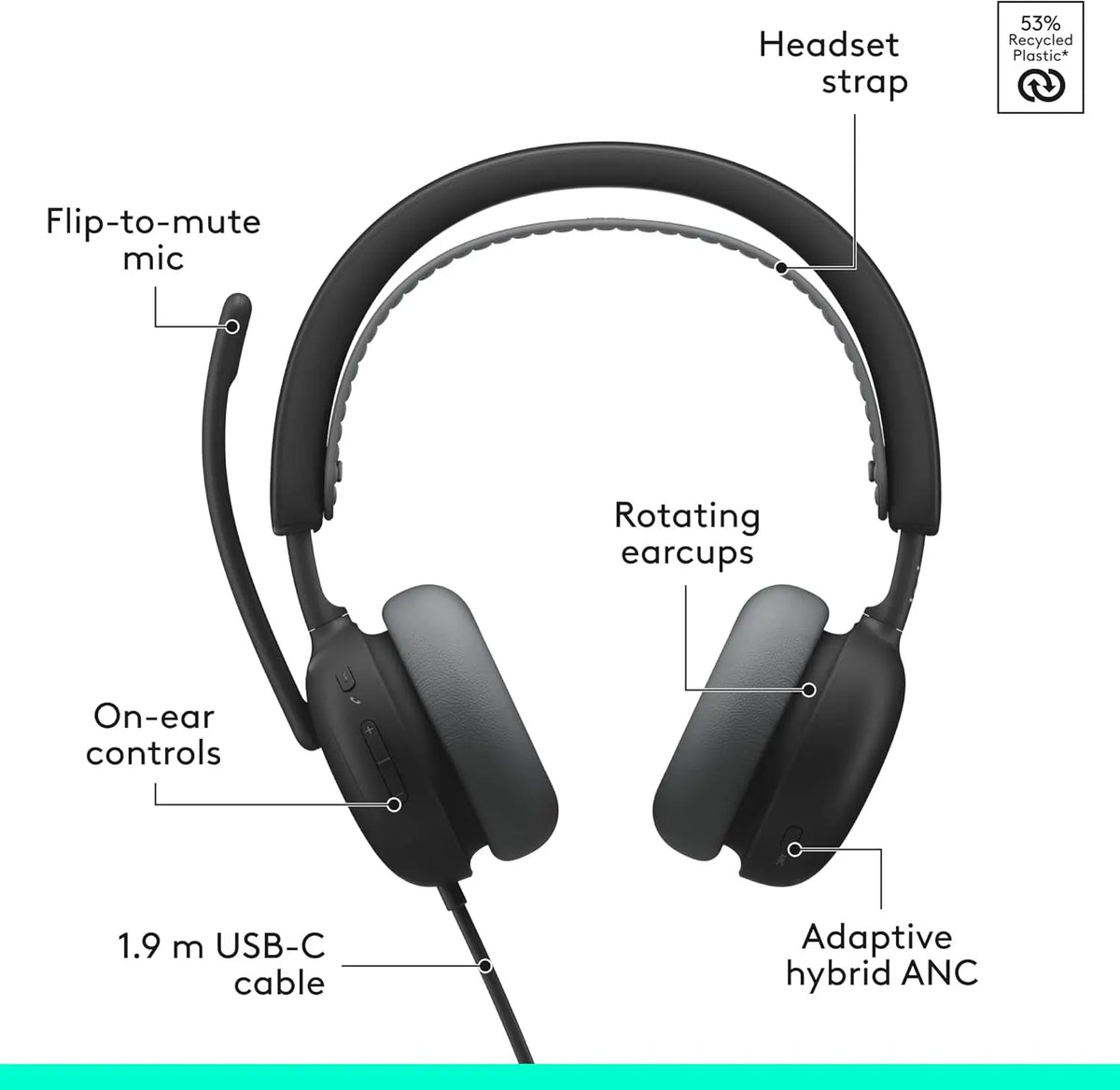 Noise-Canceling Wired Headset with Adaptive ANC, USB-C Adapter - Black