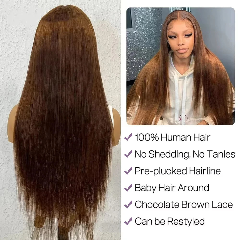 13x6 Chocolate Brown Straight Lace Frontal Wigs 100% Human Hair Wig Transparent Brown HD Lace Front Wig 4x4 5x5 Colored Wigs