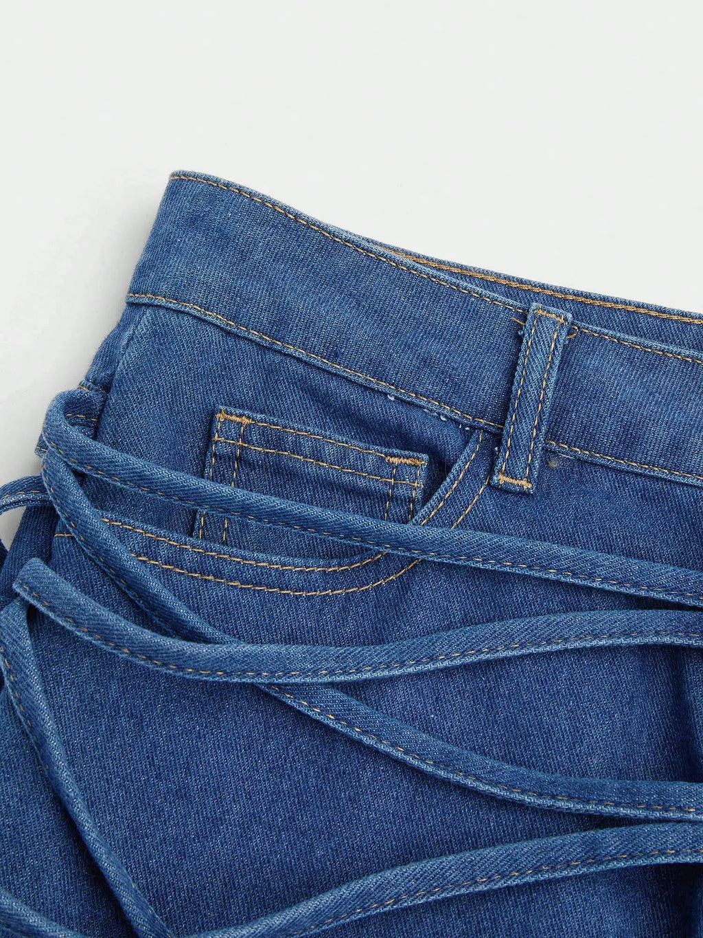 High Waisted Strappy Criss Cross Denim Jeans Medium Wash Stretch Straight Leg For Women