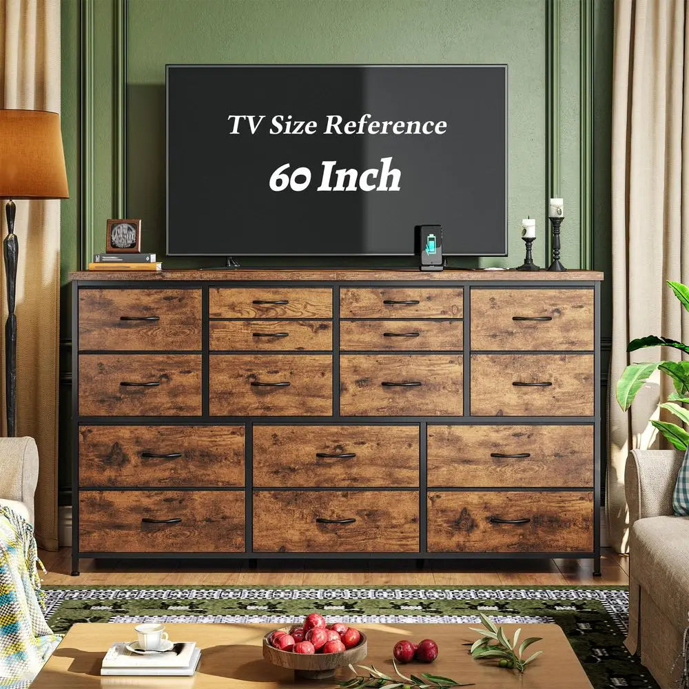 for Bedroom with 16 Fabric Drawers Long Dresser with Charging Station TV Stand for 60 TV Dressers amp Chest of Drawers for Bedro