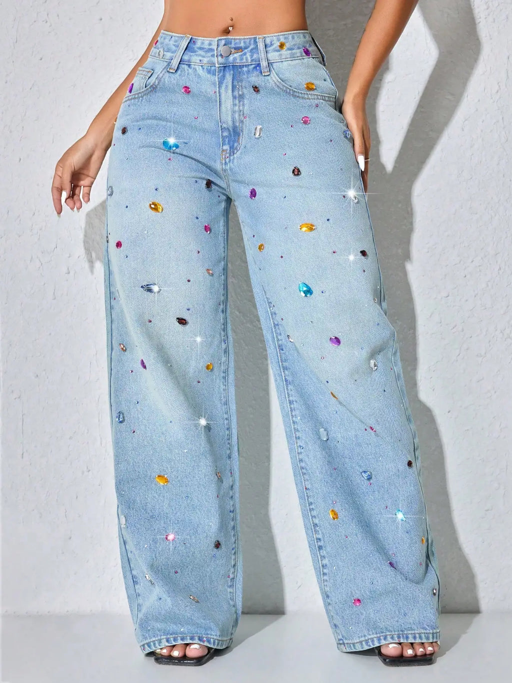 Low Waist Wide Leg Rhinestone Decorated Casual Blue Jeans For Women Spring
