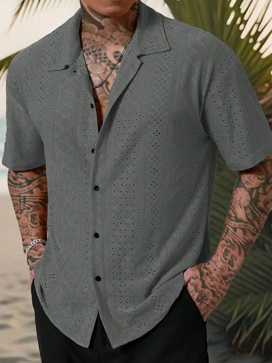 Men's Yellow Eyelet Lacework Short Sleeve Button-Down Casual Shirt