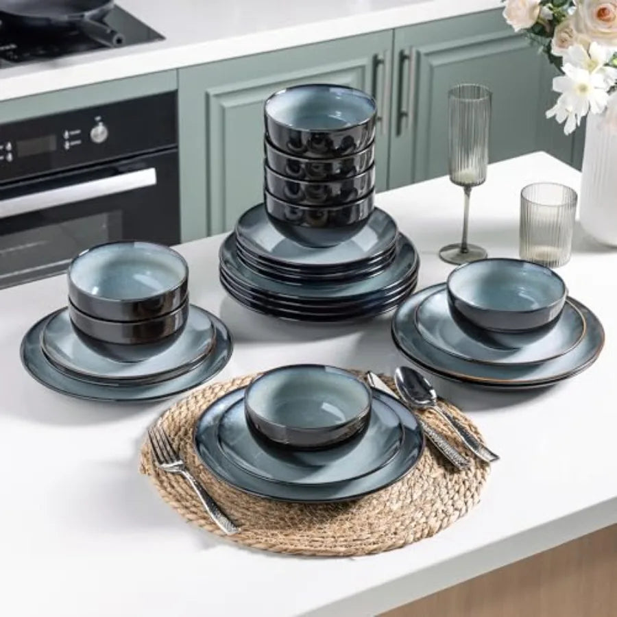 Ceramic Dinnerware Sets for 6 Stoneware Plates and Bowls Handmade Reactive Glaze Dishes Chip Resistant Scratch Resistant Oven D