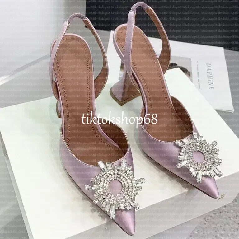 Amina muadii heels designer sandals womens wedding dress shoes satin pointed slingbacks bowtie pumps crystal sunflower flower hi