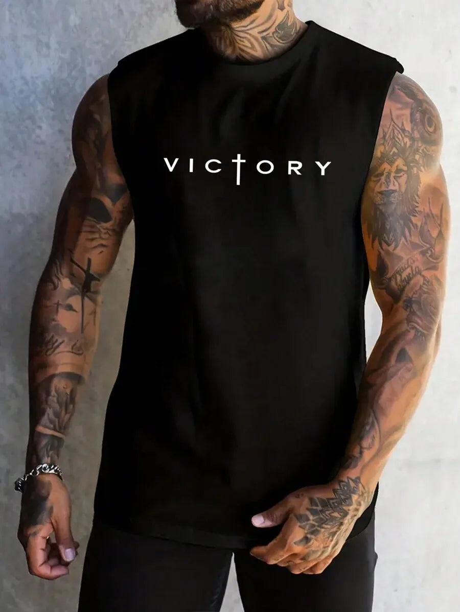 Men's Loose Fit Letter Print Tank Top, Summer Casual Sleeveless Top