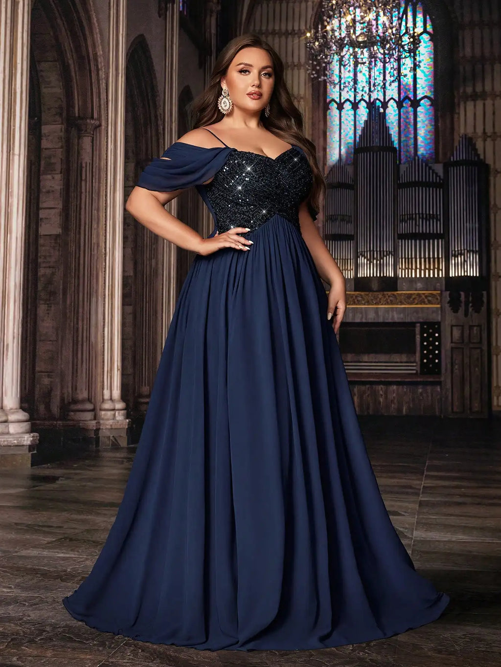 Navy Blue Plus Size Formal Evening Gown With Sequins Off Shoulder Floor Length