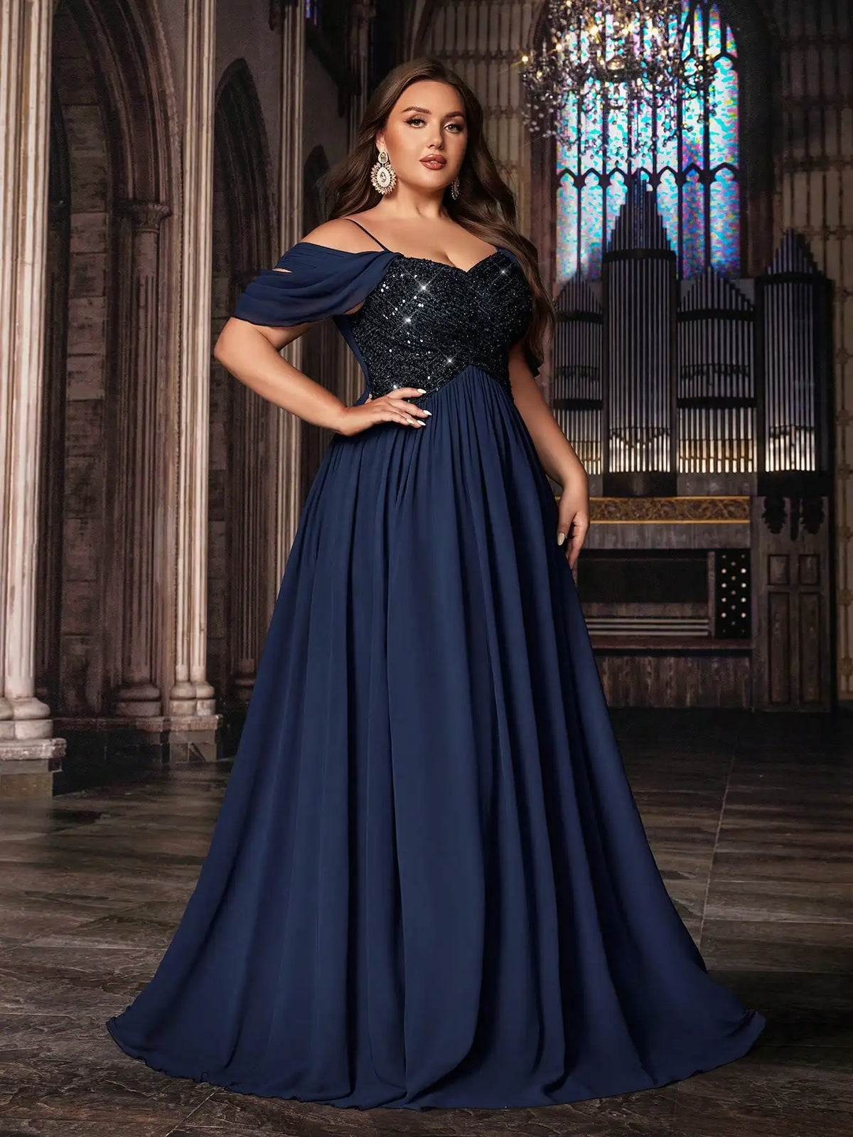 Navy Blue Plus Size Formal Evening Gown With Sequins Off Shoulder Floor Length