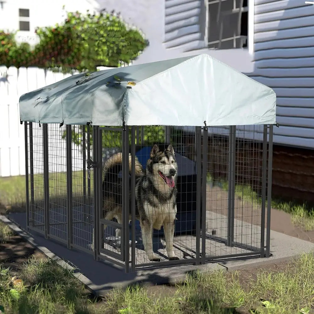 Sturdy 8x4x4 Dog Kennel with Roof, Heavy-Duty Steel Playpen for Large Dogs, Waterproof UV-Resistant Cover (93.1L x 50.4W x 56.6H
