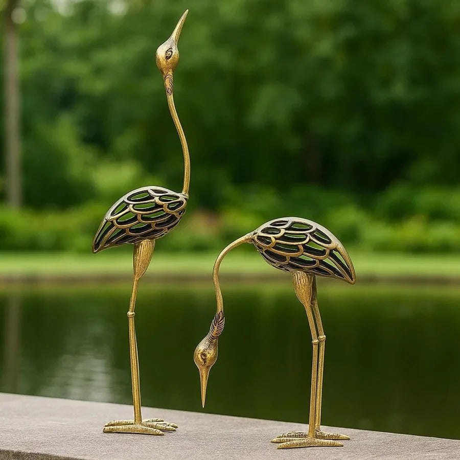 Cast Iron Metal Crane/Heron Bird Garden Sculptures Statues for Indoor or Outdoor Lawn Decor Rustic Bronze Set of 2