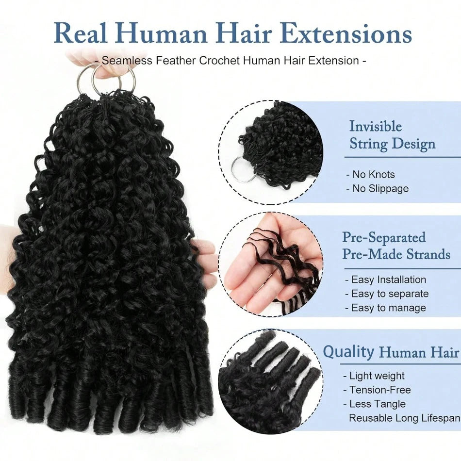 Human Crochet Hair Pre Looped 120g Burmese Curly Feather Crochet Human Hair Extensions Reusable Invisible Pre-Separated Knotless