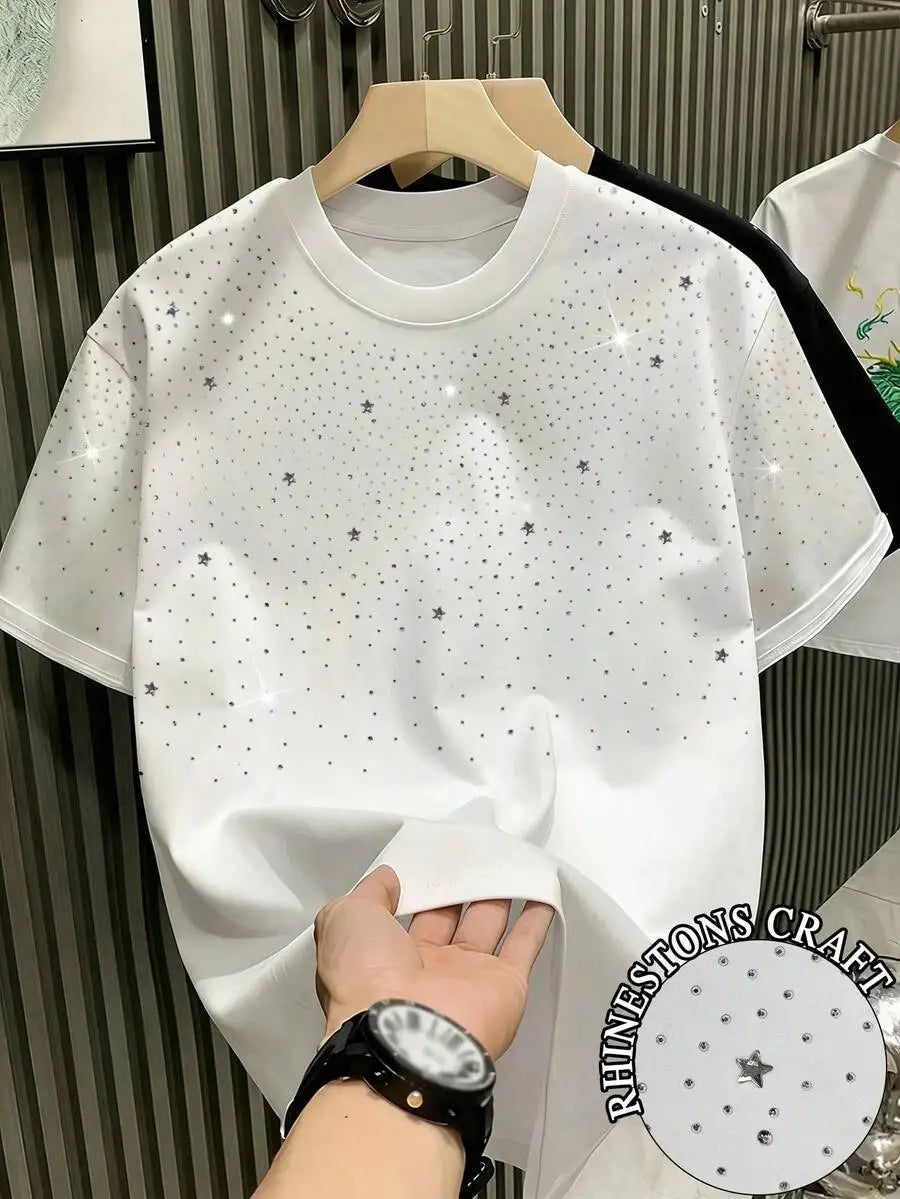 Men's Black Short Sleeve T-Shirt with Sparkling Rhinestone Dot Pattern, Casual Loose Fit