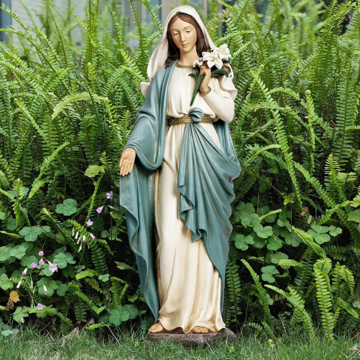 Virgin Mary Garden Statue, 24 Inches Saint Mary Holding Lilies Outdoor Sculpture for Home Yard Patio Lawn Hallway Decor