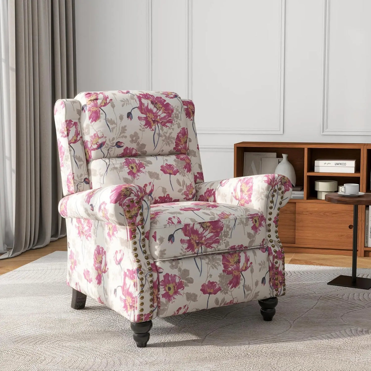 Pushback Floral Recliner Chair, Fabric Upholstered Armchair Push Back Accent Chair For Living Room, Rivet Trim Club, Customized
