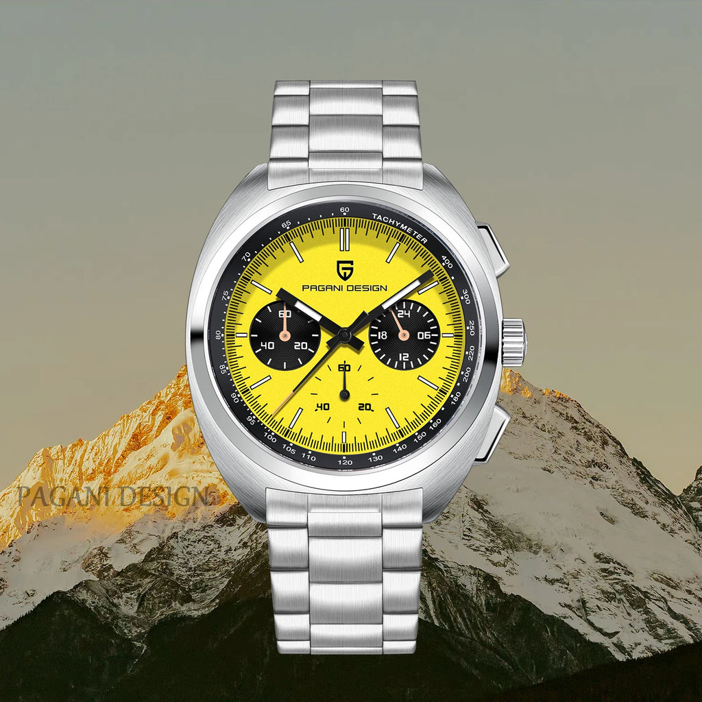 PAGANI DESIGN 2026 New Vibrant Yellow Men Watches Luxury Quartz Wrist Watch For Men Sapphire Speed Chronograph Retro Dial Clock