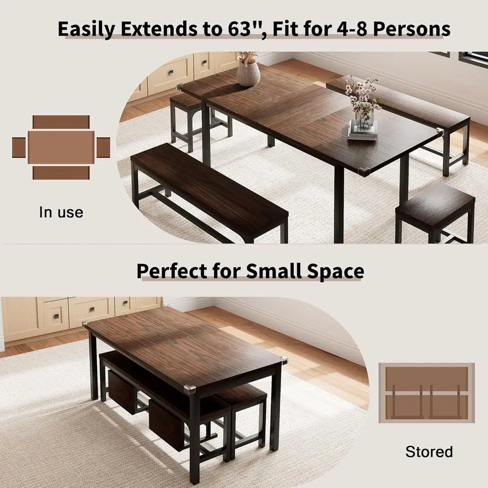 5 Pieces Dining Room Table Set or 4-6, 63" Exble Kitchen Table Set with 2 Benches & 2 Stools, Small Dining Table Set with Metal