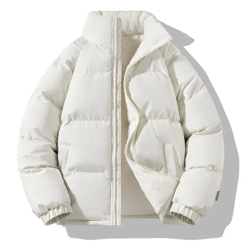 Men Winter Thick Warm Parka Coat Fleece Inside Male Solid Color Stand Collar Cotton Jacket  Men's Cotton Coat Size