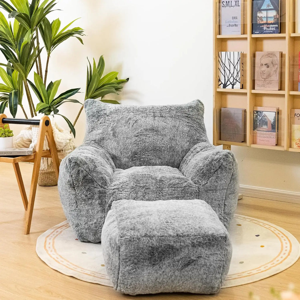 Limited-time offerBean Bag Chair with Ottoman, Armrest Bean Bag Chairs with Filler, Ultra Soft Fluffy Faux Fur Bean Bag Chair wi