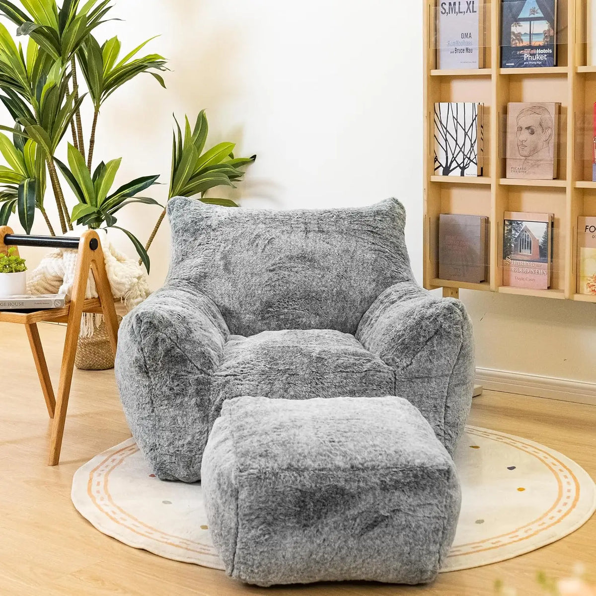 Limited-time offerBean Bag Chair with Ottoman, Armrest Bean Bag Chairs with Filler, Ultra Soft Fluffy Faux Fur Bean Bag Chair wi
