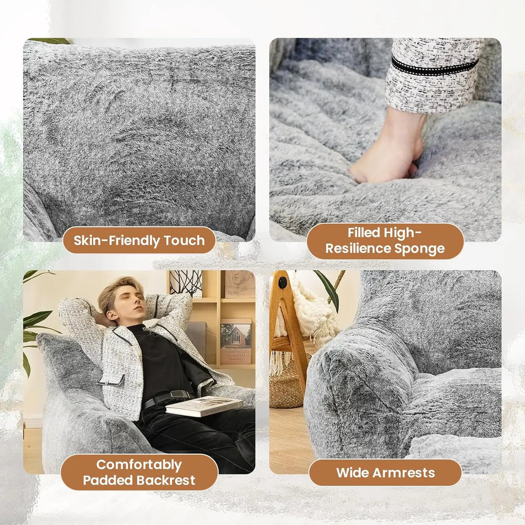 Limited-time offerBean Bag Chair with Ottoman, Armrest Bean Bag Chairs with Filler, Ultra Soft Fluffy Faux Fur Bean Bag Chair wi