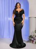 Elegant Black Lace Applique Off Shoulder Satin Mermaid Evening Gown For Wedding Party Ball