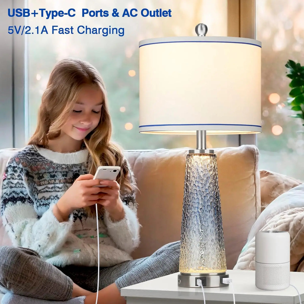 26" Coastal Glass Table Lamp with USB Ports & AC Outlet, Touch Control Night Light for Living Room or Bedside