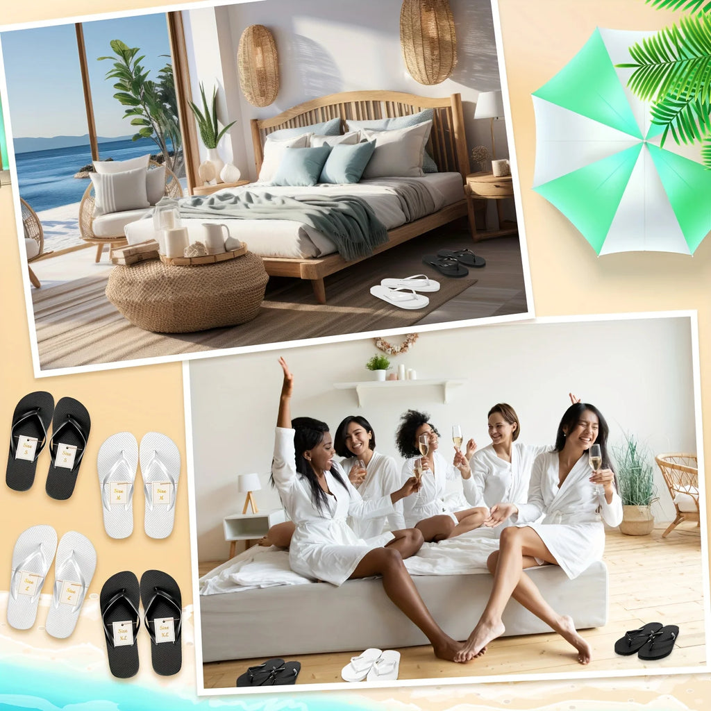 24 Pairs Bulk Wedding Guest Flip Flops with Matching Bags & Cards - Bulk PE Slippers for Pool Beach Party, White & Black Wedding