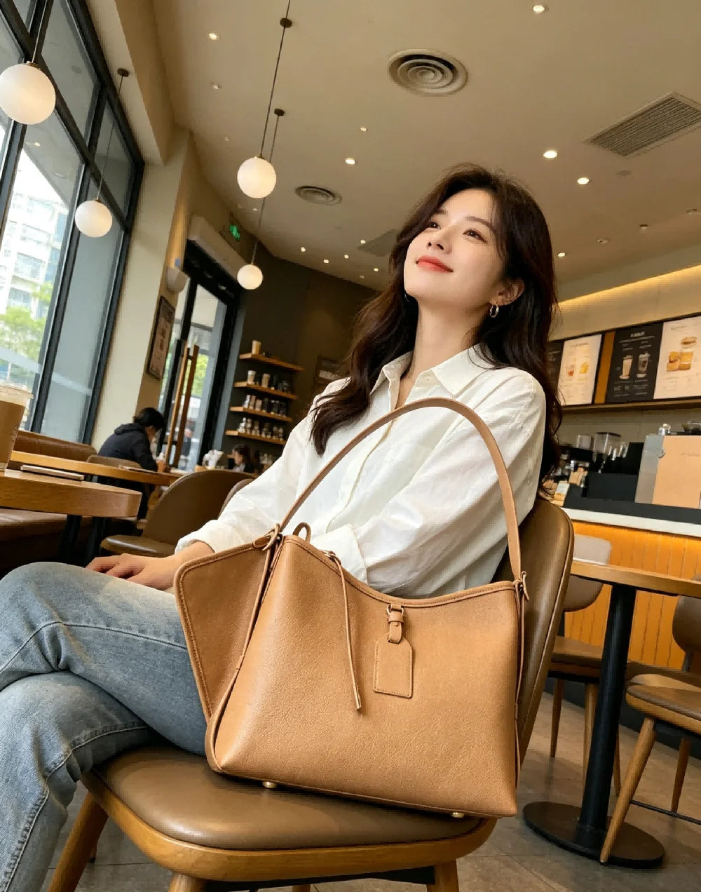 Casual Light Brown Soft Leather Tote Bag for Women Large Capacity Shoulder Purse for Work Commute and Weekend Trips