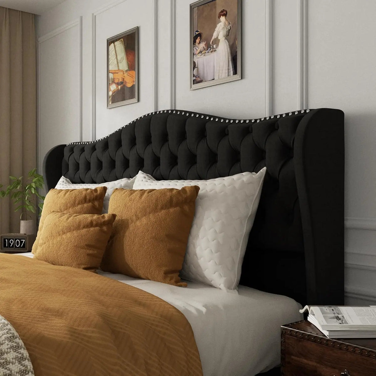 King Size Platform Bed Velvet Wingback Headboard Footboard Deep Tufted Nailhead Trim No Box Spring 51.2" Tall Black Customized