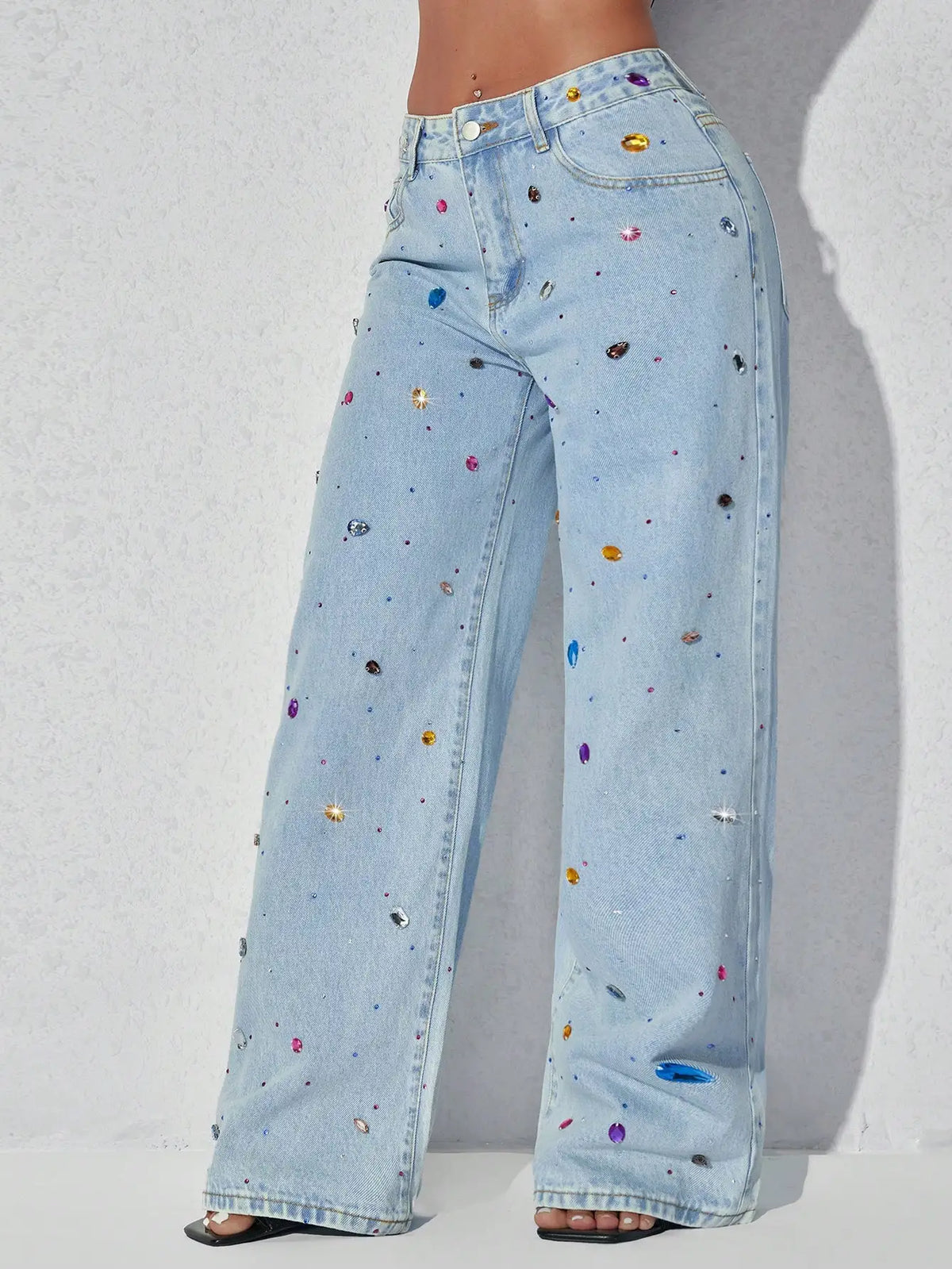 Low Waist Wide Leg Rhinestone Decorated Casual Blue Jeans For Women Spring