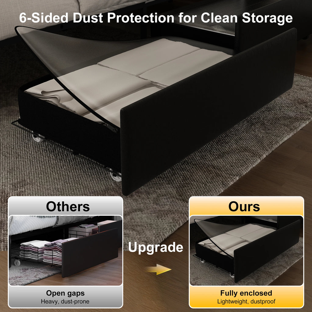 Queen Platform Bed Frame with LED Lights, Galaxy Projector, Wingback Headboard, 4 Storage Drawers, USB Ports, No Box Spring