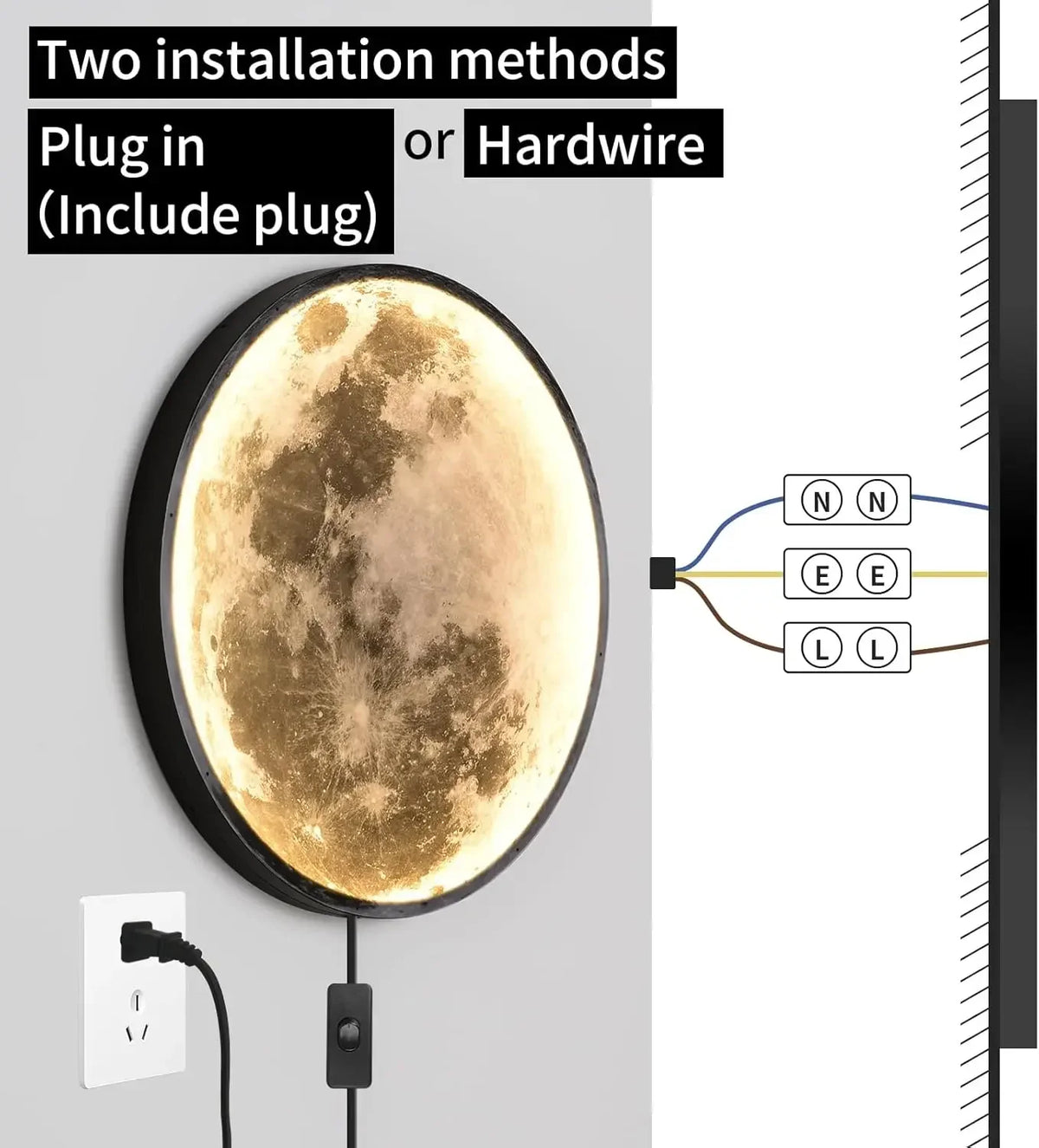QIYIMEILUX 31.5 inch Large Moon Wall Sconce Plug in Dimmable Modern LED Wall Light with Remote Control 41W Black Wall Lamp Indoo