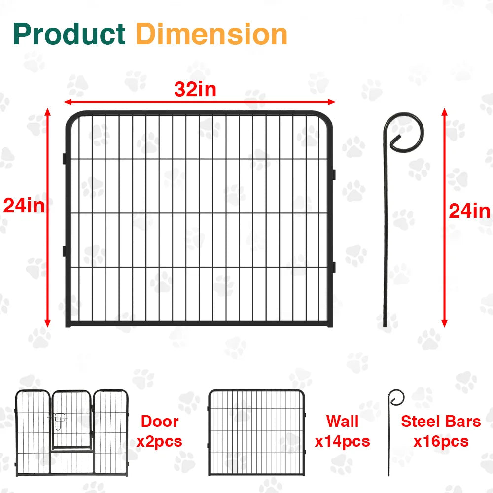 DOPINMIN 16 Panel Dog Fence Foldable Heavy Duty Metal Pet Playpen, Lockable Double Door, In/Outdoor Exercise Space for Animals