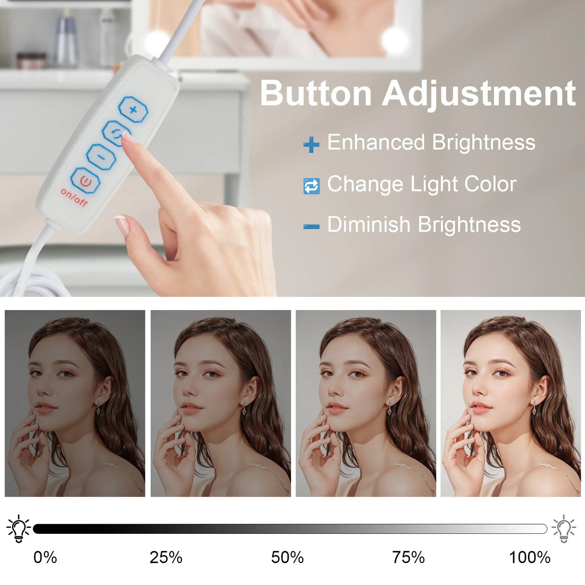 Modern White Dressing Table Stool Set with 3-Color Adjustable LED Light Mirror 4 Drawers For Bedroom Living Room Vanity Table
