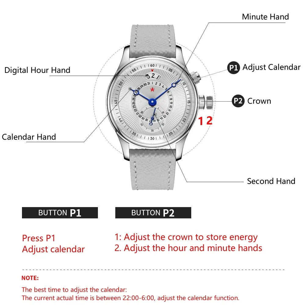 RED STAR  Watches for Men 40mm Seagull ST1716 Movement  5ATM Automatic Mechanical Watch Push-Button Calendar Sapphire Crystal