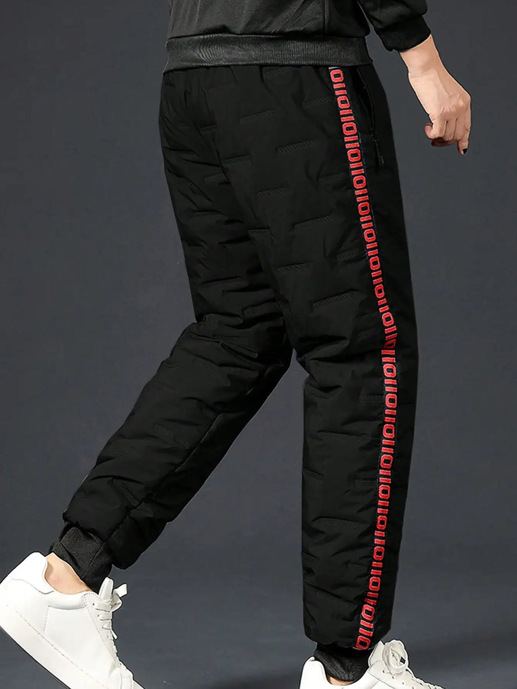 Men's Black Thermal Lined Drawstring Pants with Red Graphic Print