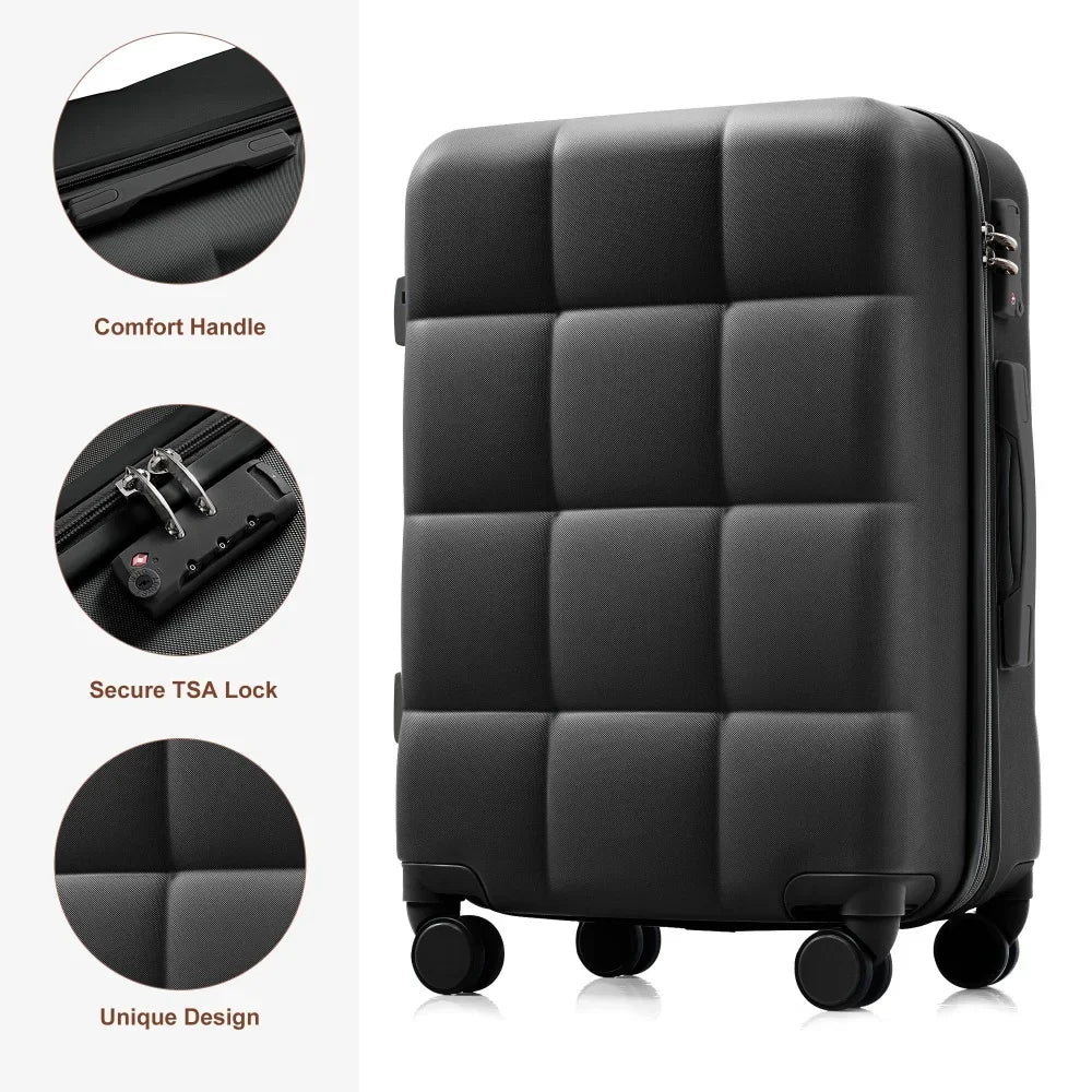 3 Piece Airline Certified Carry-on Luggage Set Cup Holder ABS Hard Shell Spinner Wheels Black Travel Suitcase